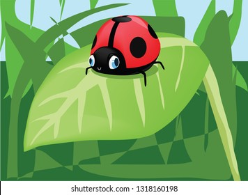 Vector illustration of red cute ladybug isolated on green leave in forest and wild nature and blue background