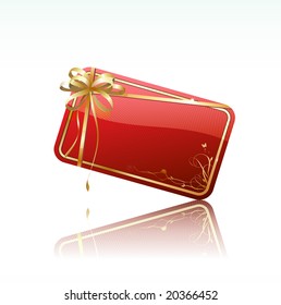 Vector illustration of red decorated gift card with golden ribbon and bow