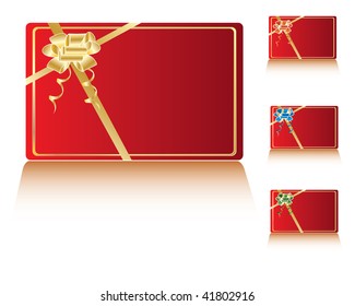Vector illustration of red decorated gift card with golden ribbon and bow
