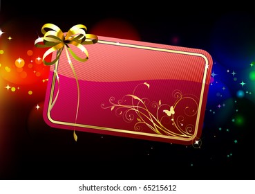Vector illustration of red decorated gift card with golden ribbon and bow on the abstract blurred magic neon light background