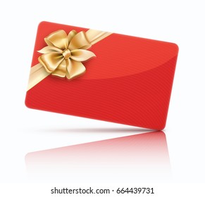 Vector illustration of red decorated gift card with golden ribbons and bow