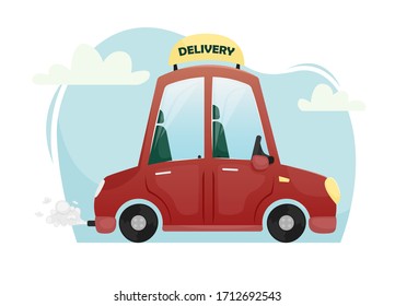 Vector illustration with a red delivery car. Food delivery to your home.