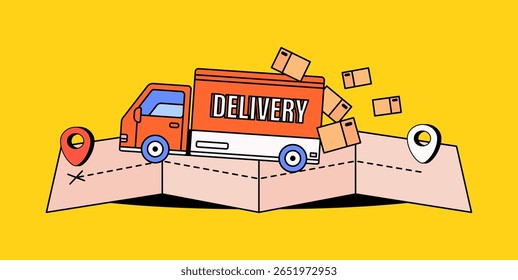 Vector illustration of a red delivery truck driving over a map, with cardboard boxes flying out of the back. The map representing logistics, shipment tracking