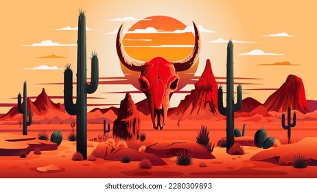 Vector illustration of red desert with skull of cow, sunset with mountains, cactuses and rocks, sand and plants