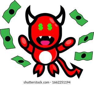 Vector illustration of a red devil and money.