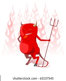 Vector illustration of red devil with trident in hell flames