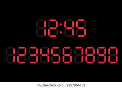 Vector illustration of red digital numbers for digital clock LCD electronic display isolated on black background.  Luminous digital numbers for timer, alarm, digital clock, calculator, screen, monitor