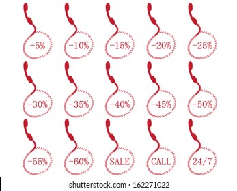 Vector illustration of red discount labels. Discount phone call away.
