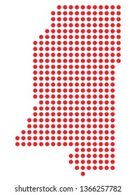 Vector illustration of the Red Dotted Silhouette Map of the USA Federal State of Mississippi 