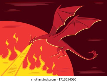 Vector illustration of a red dragon, flying and throwing flames, illuminated by a reddish spotlight on a dark background. Character design, concept art, cartoon.