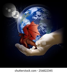 vector illustration red dragon on a hand on a background of the earth
