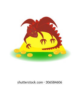 Vector illustration of a red dragon on a pile of gold coins. A dragon guarding its treasure.