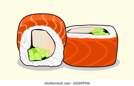 Vector illustration red dragon uramaki sushi roll with salmon fish, cucumber, avocado, cream cheese and japanese omelette isolated on a light background.