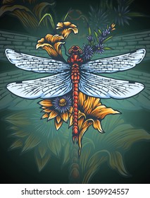 Vector illustration of red dragonfly and flowers
