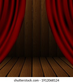 Vector Illustration Red Drape Darkness Wood Theatre Stage And Wall