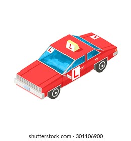 A vector illustration of a red driving instructors car for student.
Isometric learning to drive concept icon illustration.
Driving school instruction car.