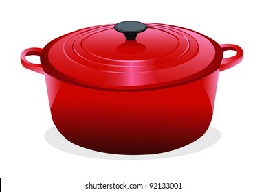 Vector illustration of a red Dutch oven used for cooking, on a white background.