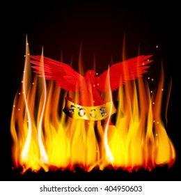 Vector illustration of a red eagle on fire with a scroll in its claws and an inscription rock metal. You can use a black background.