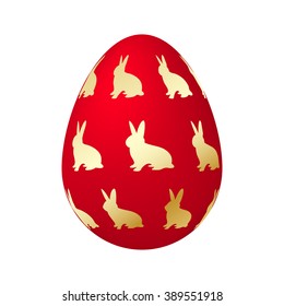 Vector illustration of red Easter egg with a pattern of gold rabbit. Drawing, picture isolated on white background. 3d egg. 