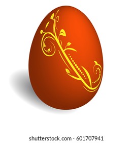 Vector illustration of a red easter egg with a yellow floral pattern casting a shadow on a white background.