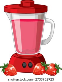 Ilustração vetorial de um liquidificador elétrico vermelho contendo suco de fruta rosa ao lado de morangos frescos