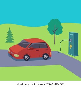 Vector illustration of a red electric car charging at the electro charger station on green landscape background.