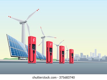 Vector illustration of a red electric charging stations in front of the windmills and solar panels. The city is in the background. Electromobility e-motion concept. 