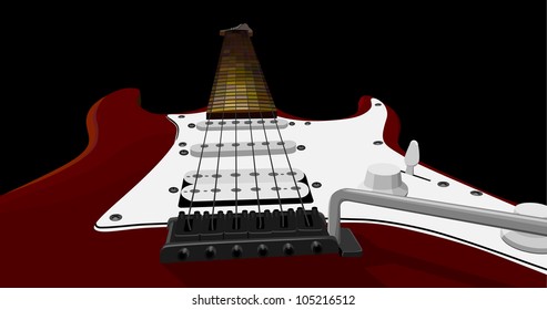 Vector illustration of red electric guitar at an acute angle, isolate on black.