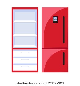 Ilustración vectorial con refrigerador eléctrico rojo. Congelador abierto y cerrado. Equipo de cocina colorido para almacenamiento de alimentos, tanto en el interior como en el exterior  