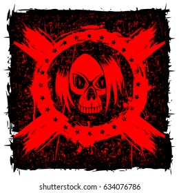 Vector illustration red emo girl skull with stars on grunge  background. Design for print on t-shirt.