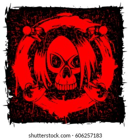Vector illustration red emo skull with hair on black grunge background. For t-shirt design.