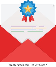 A vector illustration of a red envelope containing a document with a blue and gold award ribbon. Ideal for themes of certificates, achievements, recognition, awards, business success.