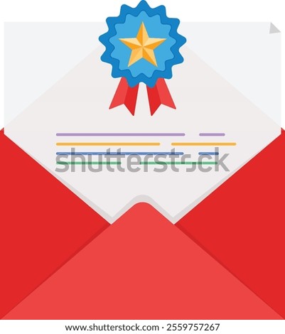 A vector illustration of a red envelope containing a document with a blue and gold award ribbon. Ideal for themes of certificates, achievements, recognition, awards, business success.