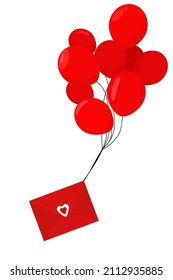 ilustración vectorial de un sobre rojo con un corazón volando sobre globos. El amor y el tema de San Valentín