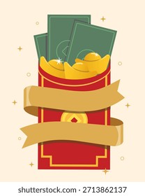 Ilustración vectorial de sobres rojos con dinero con cinta de decoración, monedas y oro de ricos y afortunados.