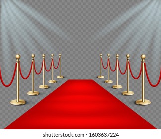 Vector illustration Red event carpet and golden barriers with lights projectors. Realistic illustration in transparent background. Red carpet event design element.