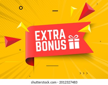 Vector Illustration Red Extra Bonus Label on Yellow Background. Modern Web Banner Element With Gift.