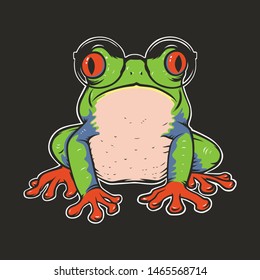 Vector illustration of red eye tree frog with glasses on dark background