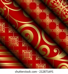 Vector illustration of red fabric / paper rolls with gold decorations