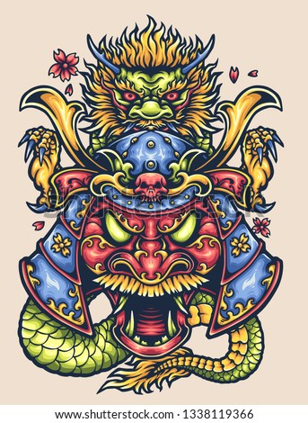 Vector illustration of red face ronin ninja samurai warrior devil mask with dragon
