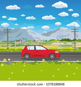 Vector illustration of the red family sedan travelling on the road. Summer country landscape and mountains on background