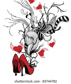 vector illustration of  red fashion shoes with abstract plants and flying hearts