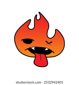 Vector illustration of a red fire face with an evil smile. A groovy vintage-style cartoon monster. Funny red fire emoji with hand-drawn flat design