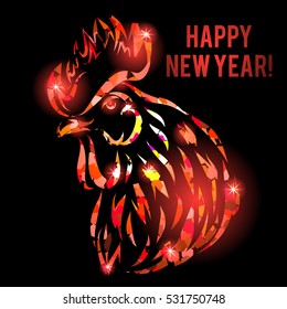 Vector illustration with red fire rooster head isolated on black. Symbol of chinese new year.