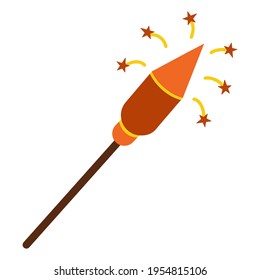 Vector illustration of a red firecracker on a stick. Isolated icon on white background. Simple flat style, cartoon. Hand drawn