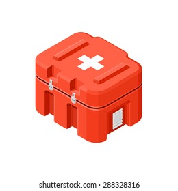 A vector illustration of a red first aid medical kit.
Isometric First aid kit.
First aid supply case.