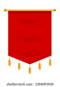 Vector illustration of a red flag hanging from a golden pole on a white background. Heraldic symbol knight of glory. Sign of nobility. Banner with empty space. Banner in the medieval style