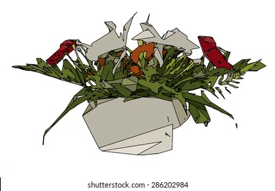 Vector illustration red flamingo flower and white cattleya flower arrangement in vase