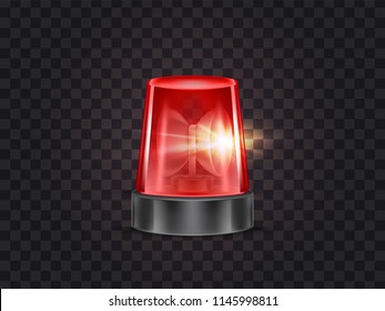 Vector Illustration Of Red Flasher, Flashing Beacon With Siren For Police And Ambulance Cars, Isolated On Transparent Background. Glowing Rotating Lamp, Emergency Signal Of Danger, Alarm Strobe Light