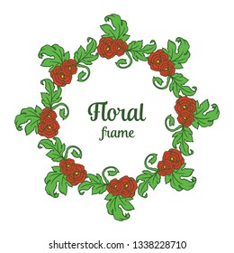 Vector illustration red floral frame with crowd of green leaves hand drawn